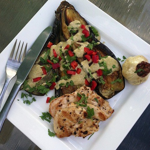keto chicken with eggplant and tahini