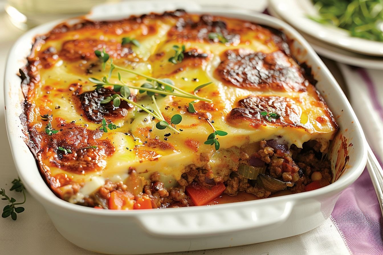 moussaka with yogurt and feta topping