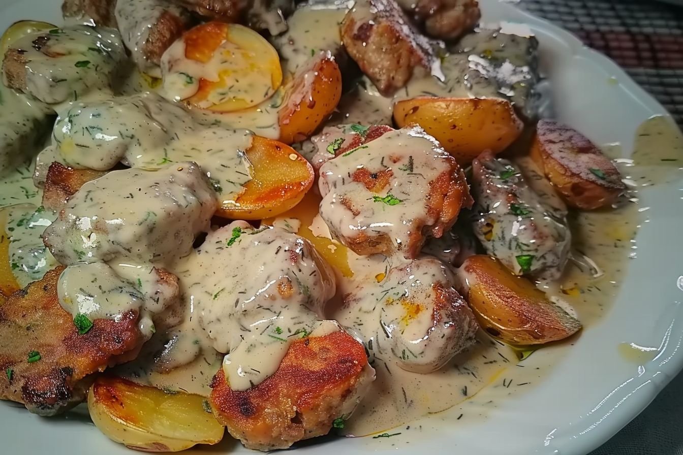 kofta with tahini sauce and potatoes