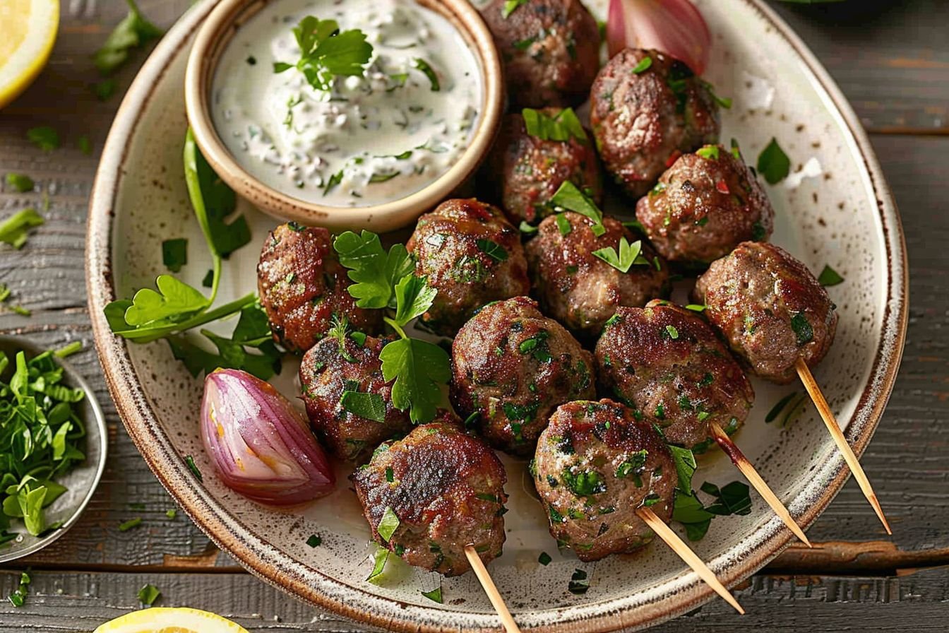 Lamb kofta with yogurt dressing Lamb kofta with yogurt dressing