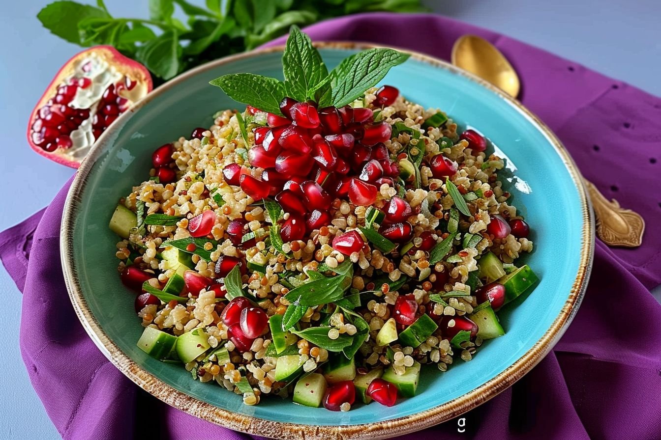 freekeh salad with pomegranate seeds