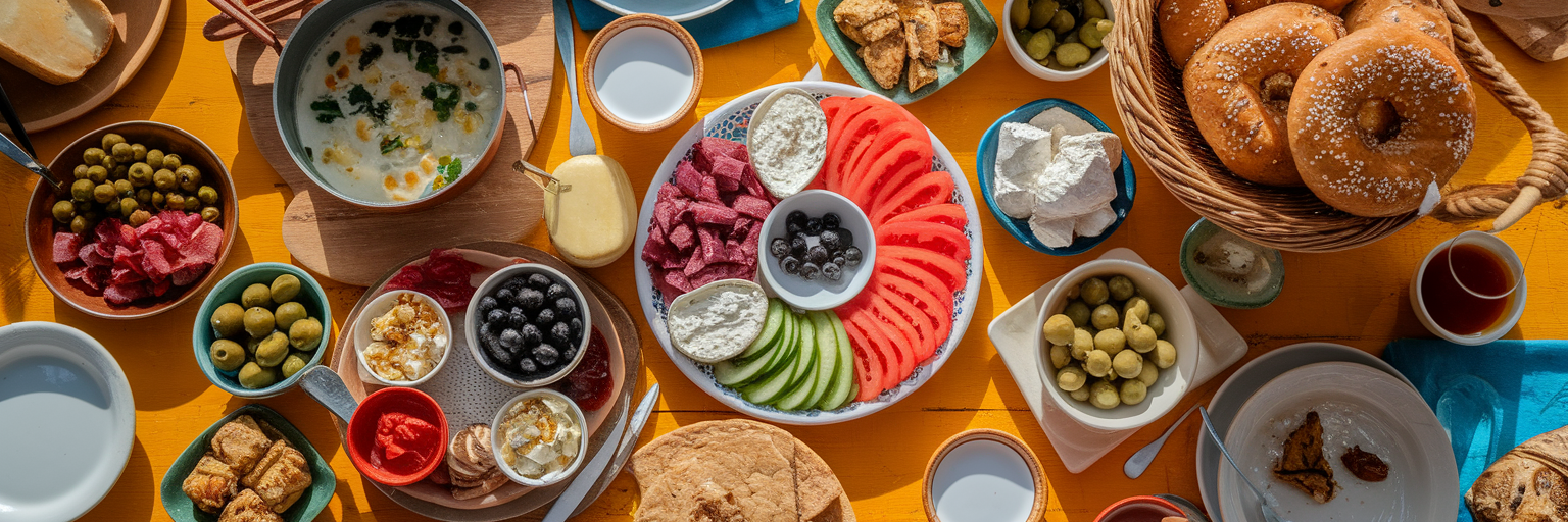An abundant Turkish breakfast spread on a table.